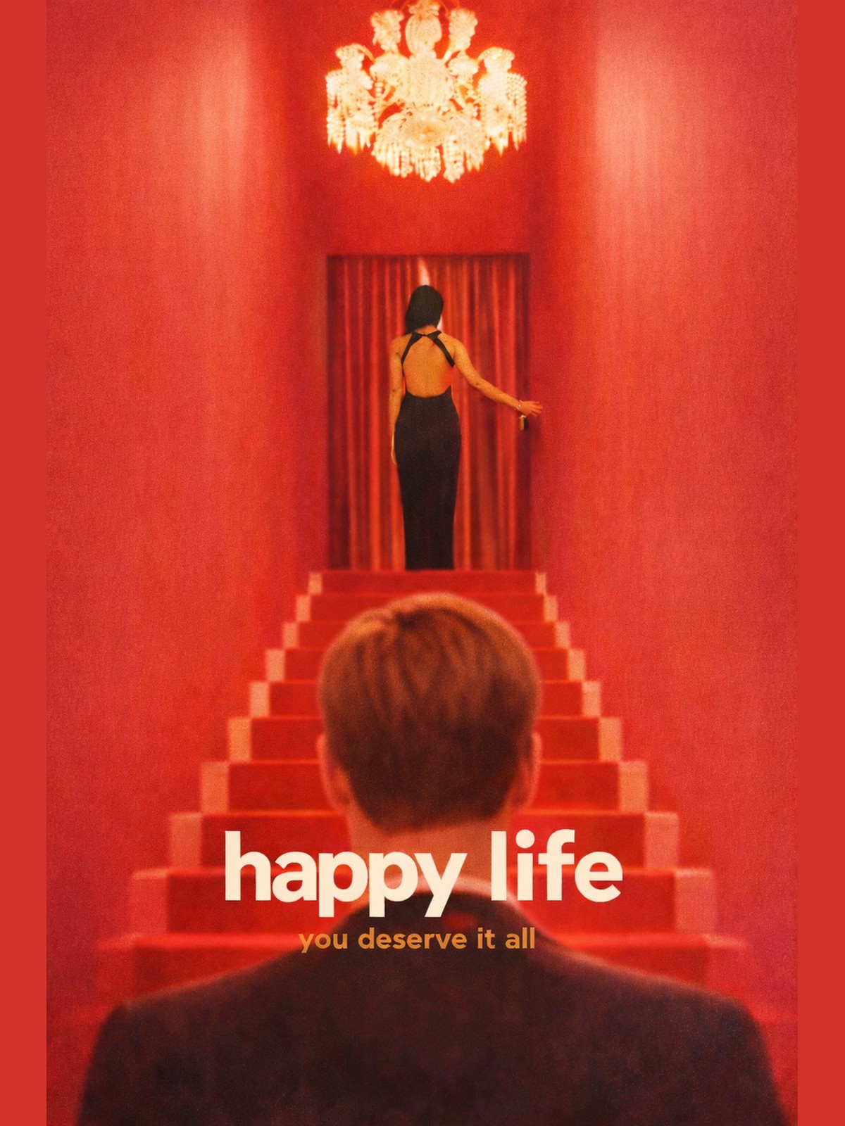 Happy Life poster. A woman in a black dress walks toward a curtained doorway atop a long red staircase, a man's back to camera at the foot of the stairs.